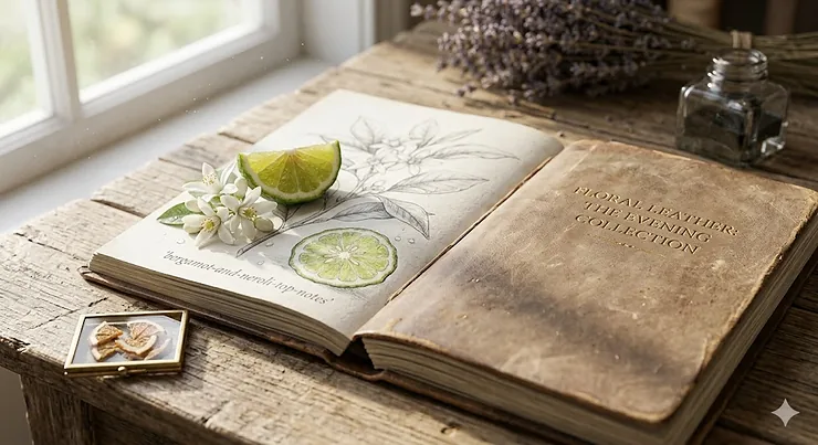 A premium bottle of floral leather perfume placed on a dark oak table next to a velvet cocktail chair, illuminated by soft evening light. floral leather for evening