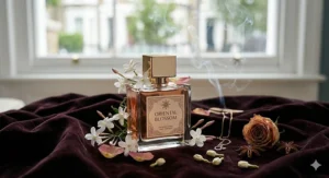 Deep red roses mixed with incense smoke, representing a classic floral oriental perfume for ladies.