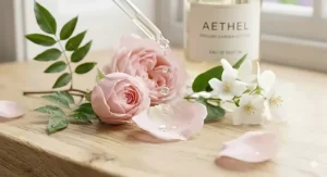 Detailed illustration showing the natural ingredients of floral perfume for women, featuring jasmine petals and pink rosebuds.