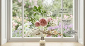 A diagram illustrating the top, heart, and base notes of a classic floral perfume for women, using British botanical icons.