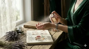A photorealistic image of a person in a green velvet dressing gown applying perfume to their pulse points by a window in soft morning light.