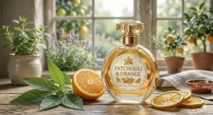 Alt text for image 3: A clear round perfume for women bottle with a Lavender and Lime label, styled with fresh sprigs of lavender and sliced limes by a bright window.