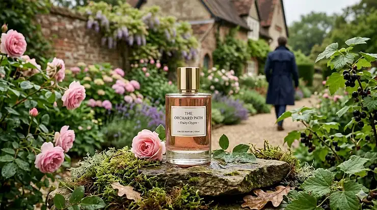 A luxury bottle of fruity chypre perfume misting over a bed of fresh raspberries and damp oakmoss, representing a long-lasting fragrance for women. fruity chypre scent long lasting