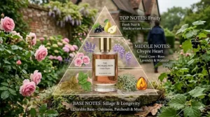 An infographic showing top notes of blackcurrant and pear with a long-lasting chypre base of patchouli and musk.