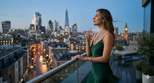 A glamorous woman enjoying a city view at dusk, wearing an elegant evening perfume suited for British summer nights.