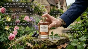 A diagram showing pulse point application on the wrists and neck to enhance the longevity of a fruity chypre scent.