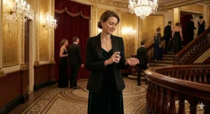 An elegant woman at a London gala, illustrating the sophisticated sillage of an oriental perfume for ladies.