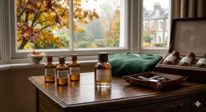 A detailed shot of a 'Leather Autumn Equinox' perfume bottle on a wooden table, featuring a tartan wool throw and leather gloves by a window.