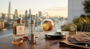 A conceptual 4K illustration of a perfume bottle next to a glass distillation apparatus, showing the complex molecular structure of a leather scent.