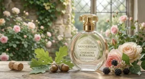 Alt text for image 4: An elegant amber-coloured perfume for women bottle featuring patchouli and orange scents, presented with sliced citrus fruits in natural sunlight.