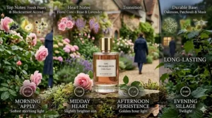 A visual timeline showing a fruity chypre scent lasting from the morning commute to evening drinks in London.