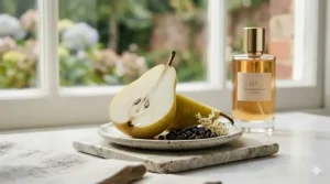 An infographic illustrating the longevity of a fruity perfume for her, transitioning from morning citrus notes to evening base notes.