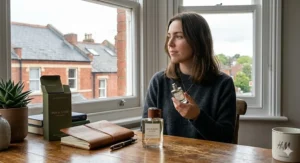 Alt text for image 2: High-detail close-up of a Skin & Suede fragrance bottle and its minimalist green packaging, showcasing the premium leather-capped lid and natural textures.