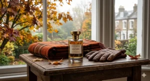 A professional lifestyle photograph of a couple in woollen coats on a London rooftop terrace, overlooking the Shard and city skyline during a crisp autumn sunset. leather perfume for autumn