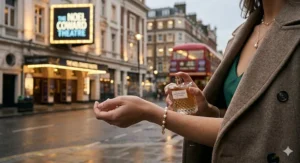 Close-up of an ornate crystal perfume bottle, perfect for an elegant evening fragrance collection for women.