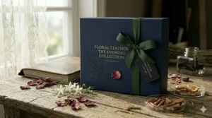 A premium navy blue perfume gift box with a forest green grosgrain ribbon and a leather gift tag, set against a background of dried botanicals.