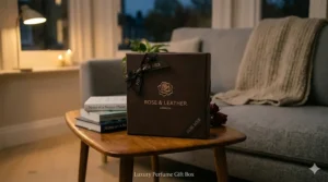 A premium brown leather-effect gift box with gold lettering and a "For Her" ribbon, styled in a contemporary UK home setting.