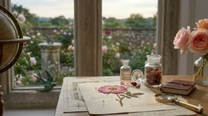 Apothecary-style glass jars containing rose extracts and tinctures on an oak desk, highlighting the natural ingredients of a long-lasting fragrance.
