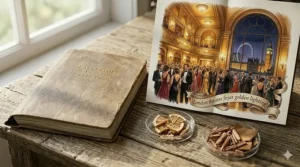 An atmospheric illustration showing a London theatre foyer with golden lighting and a view of the Palace of Westminster, representing a classic evening setting.