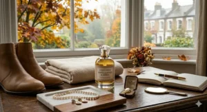 A flat-lay featuring 'Russian Leather & Vetiver' perfume alongside brown leather brogues, a tweed jacket, and a fountain pen on a desk.