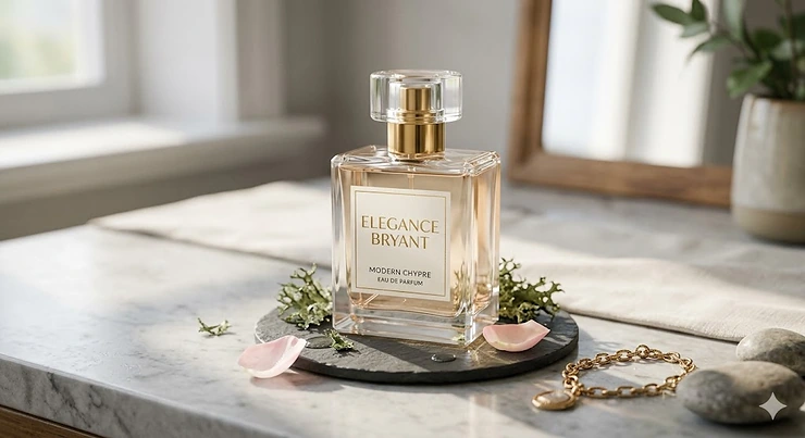 Alt text for image 1: A detailed, photorealistic 4K image of a modern chypre perfume bottle for women, displayed on a sunlit marble vanity with gold accessories and natural light. modern chypre perfume women