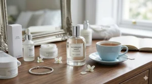 A woman’s morning dressing table featuring a fresh clean perfume for women alongside minimalist skincare and a cup of Earl Grey tea.