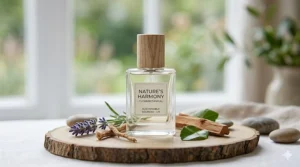 Eco-friendly glass perfume bottle with a wooden cap, emphasising the natural ingredients of a fresh clean perfume for women.