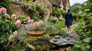 A moody, textured illustration of earth-toned oakmoss and patchouli leaves, the foundation of a long-lasting chypre.