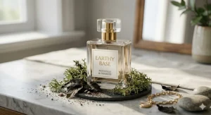 Alt text for image 4: A perfume bottle nestled amongst textured oakmoss and dark patchouli leaves, highlighting the earthy, woody base notes.