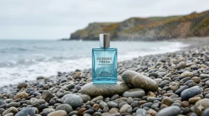 A blue-tinted perfume bottle on a British pebble beach with sea spray, highlighting the salty notes of a fresh clean perfume for women.