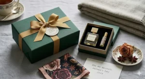 A designer gift box containing an oriental perfume for ladies, perfect for luxury British gifting occasions.
