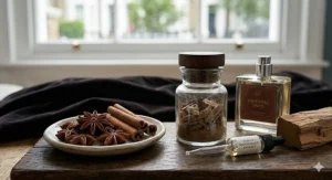 An artistic arrangement of cinnamon sticks and star anise, common notes in oriental perfume for ladies.