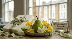 A photorealistic 4K detailed illustration of a beautifully wrapped gift box for a pear-scented fragrance set, featuring a hand-tied ribbon and a small pear wax seal on a wooden table.