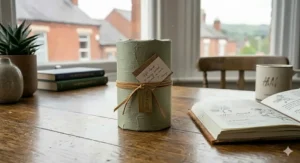 Alt text for image 5: A beautifully wrapped Skin & Suede gift box in sage green, tied with leather cord and featuring a legible gift card, perfect for a luxury British present.