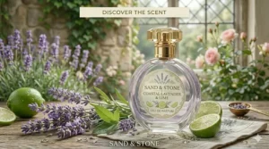 Alt text for image 9: A premium bottle of Lavender and Lime perfume for women, showing high-detail glass textures and fresh ingredients on a weathered wood surface.