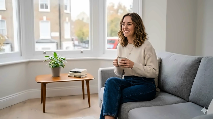 A woman smiling in a modern London flat with a bottle of rose and leather perfume and fresh roses on a wooden coffee table. rose and leather perfume women