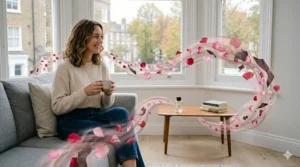 An artistic visual representation of a scent trail featuring rose petals and leather accents swirling through a bright, modern room.