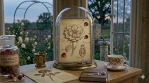 A rose botanical illustration displayed under a glass cloche on a wooden surface, symbolising the preserved and concentrated essence of a fine fragrance.