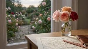 A selection of fresh pink roses in a glass vase on a wooden desk next to a map of London, representing the floral heart of a luxury fragrance.