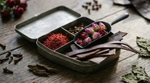A rustic metal tin containing raw perfume ingredients: saffron strands, dried rosebuds, and strips of dark leather.