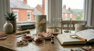 Alt text for image 9: A comprehensive overview of the perfume's natural components, displayed with botanical sketches and an antique magnifying glass in soft, natural light.