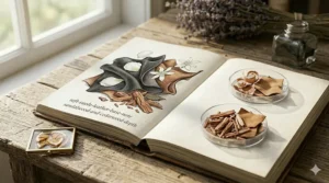 A photorealistic study of soft suede leather swatches, sandalwood chips, and delicate white petals displayed on an open parchment page.