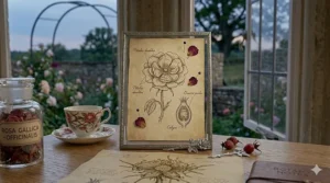 An elegant framed botanical drawing of a rose with dried petals, reflecting the sophisticated and artistic nature of luxury perfumes.