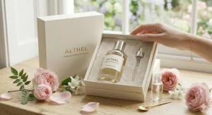 A luxury gift set containing floral perfume for women, surrounded by seasonal British spring flowers like lilies and tulips.
