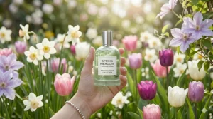 A bright, airy photograph of a fresh clean perfume for women held against a backdrop of a blooming British garden in spring.