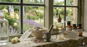 A glass steam distillation setup on a sunlit windowsill extracting essential oils for a light floral perfume.