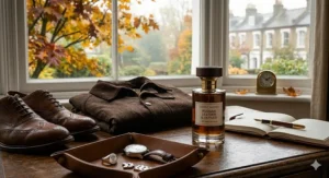 An array of amber glass apothecary bottles and a suede-scented perfume on a dark wood dresser, with a green cashmere jumper in the background.