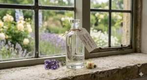 A glass perfume bottle with a Summer Blossom Notes tag on a stone windowsill overlooking a lavender filled garden.
