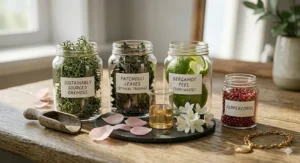 Alt text for image 8: Glass jars containing ethically sourced patchouli, bergamot peel, and oakmoss, reflecting modern British sustainable luxury standards.