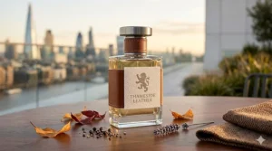 A close-up of a 'Thameside Leather' perfume bottle with a leather-wrapped sleeve, set against a blurred London skyline and dried autumn leaves.